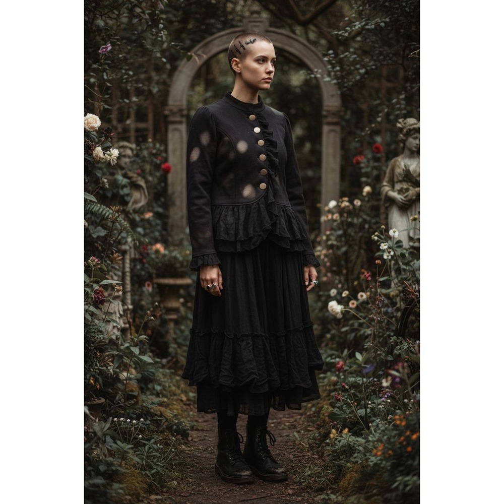 Hot'n Holyground Women's Black Button-Up Jacket L Tiered Ruffled Peplum Hem goth